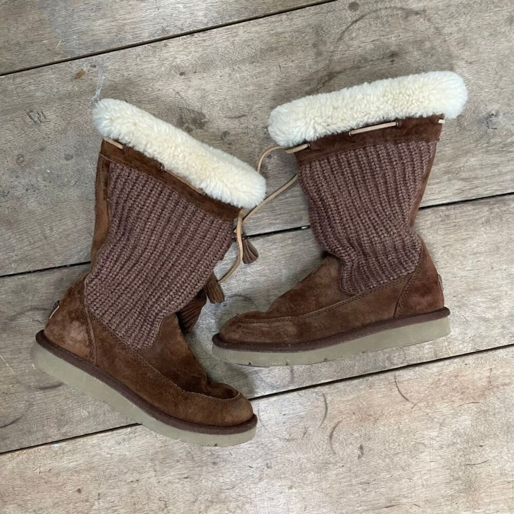 UGG Australia Boots Womens Size 5 Tan Leather Mid Calf Winter Shearling‎
